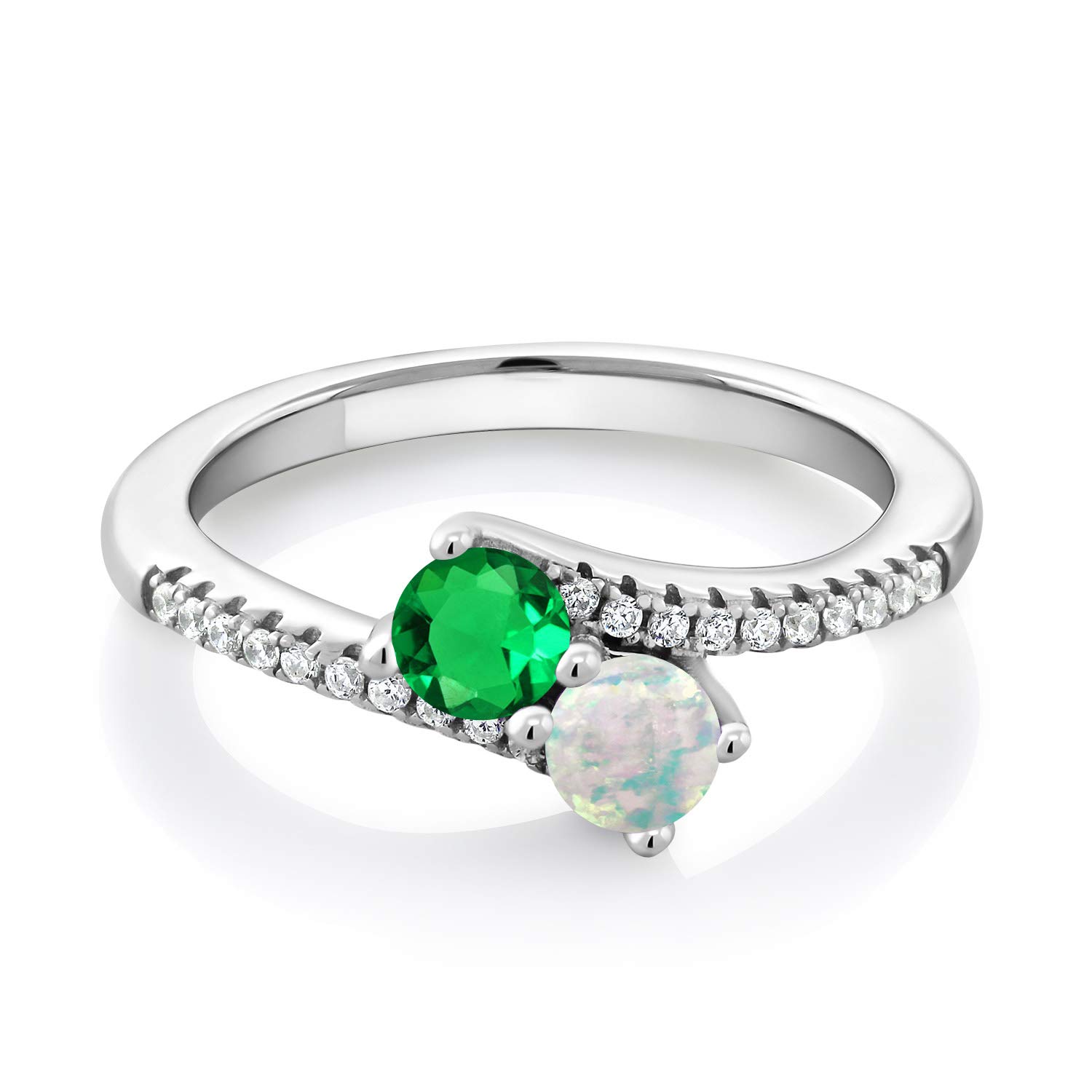 Gem Stone King 925 Sterling Silver Green Nano Emerald and White Opal Bypass Ring For Women (0.79 Cttw, Gemstone May Birthstone, Round 4MM, Available In Size 5, 6, 7, 8, 9)