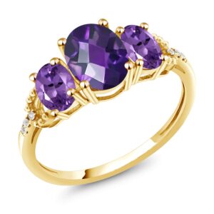 Gem Stone King 10K Yellow Gold Oval Checkerboard Purple Amethyst and Diamond Accent 3-Stone Engagement Ring | 2.14 Cttw | 3 Stone Wedding Anniversary Promise Ring For Women (Size 5)