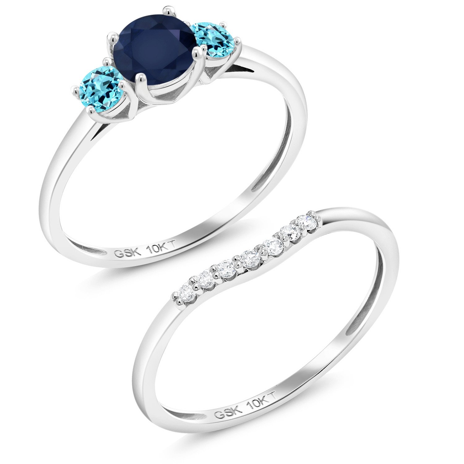 10K White Gold Blue Sapphire and Swiss Blue Topaz and White Lab Grown Diamond 3-Stone Bridal Engagement Wedding Ring Set For Women (0.97 Cttw, Gemstone September Birthstone, Round 5MM, Size 5)