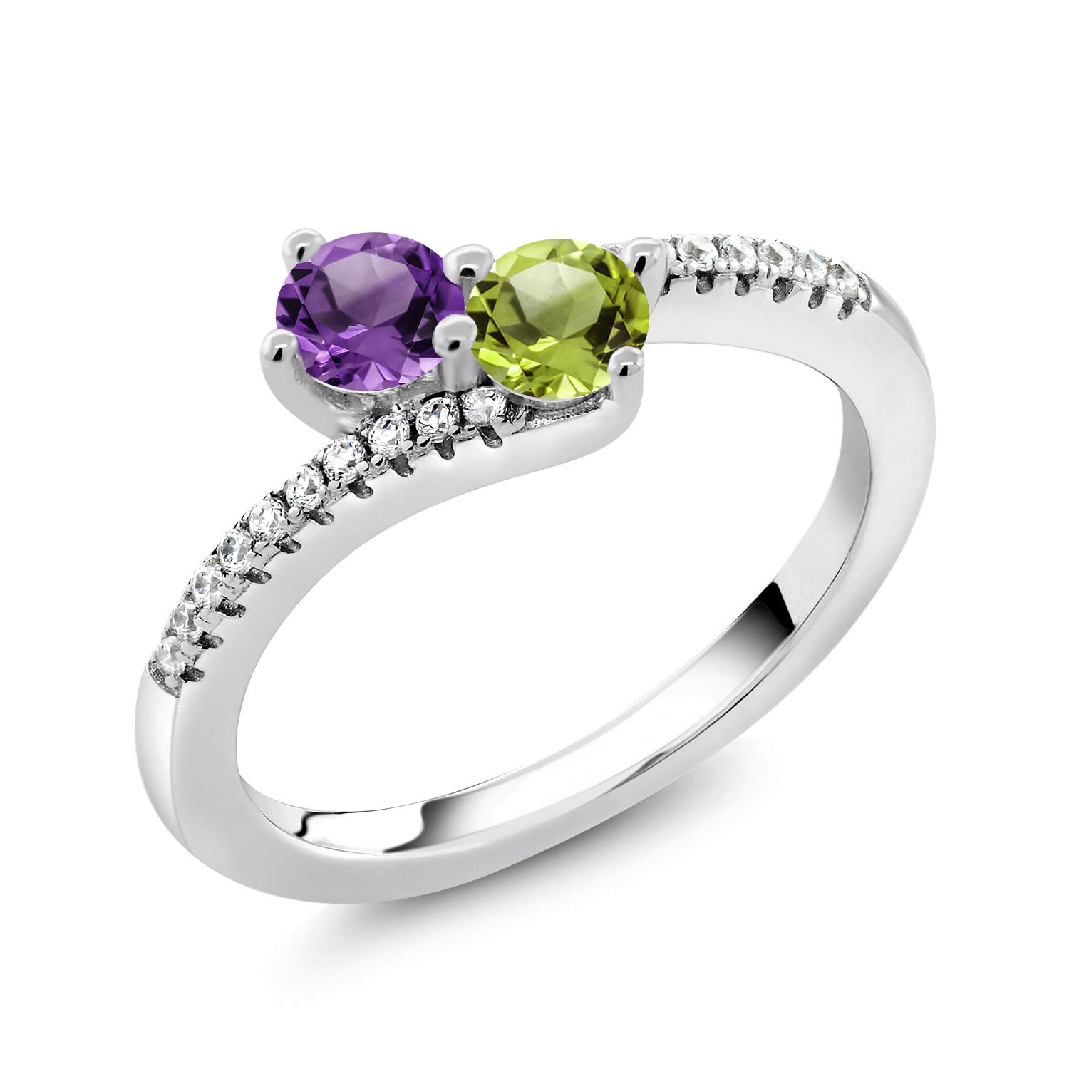 Gem Stone King 925 Sterling Silver Purple Amethyst and Green Peridot Bypass Ring For Women (0.79 Cttw, Gemstone February Birthstone, Round 4MM, Available In Size 5, 6, 7, 8, 9)