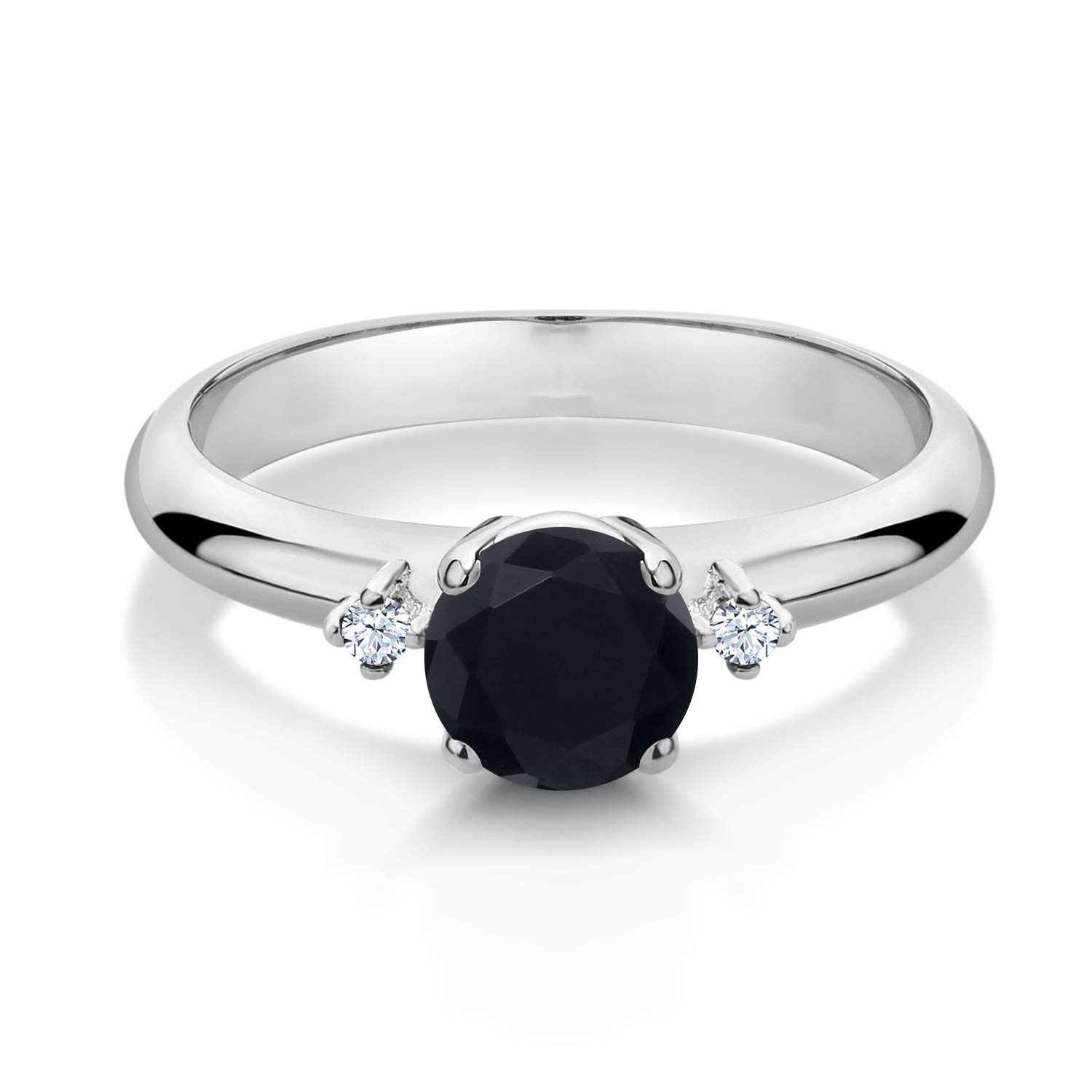 Gem Stone King 925 Sterling Silver Black Onyx and White Created Sapphire Women 3-Stone Engagement Ring (0.83 Ct Round, Gemstone Birthstone, Available in size 5, 6, 7, 8, 9)