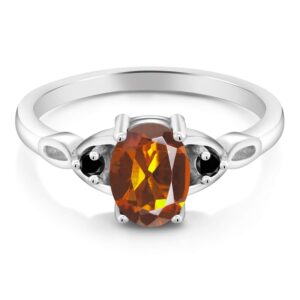 Gem Stone King 925 Sterling Silver Orange Red Madeira Citrine and Black Diamond 3-Stone Rings For Women (1.17 Cttw, Gemstone, Oval 8X6MM, Available In Size 5, 6, 7, 8, 9)