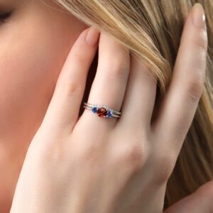 10K White Gold Red Garnet and Blue Created Sapphire and White Lab Grown Diamond 3-Stone Bridal Engagement Wedding Ring Set For Women (0.88 Cttw, Gemstone January Birthstone, Round 5MM, Size 5)