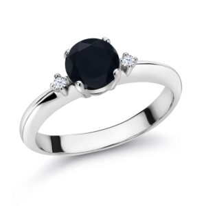 Gem Stone King 925 Sterling Silver Black Onyx and White Created Sapphire Women 3-Stone Engagement Ring (0.83 Ct Round, Gemstone Birthstone, Available in size 5, 6, 7, 8, 9)