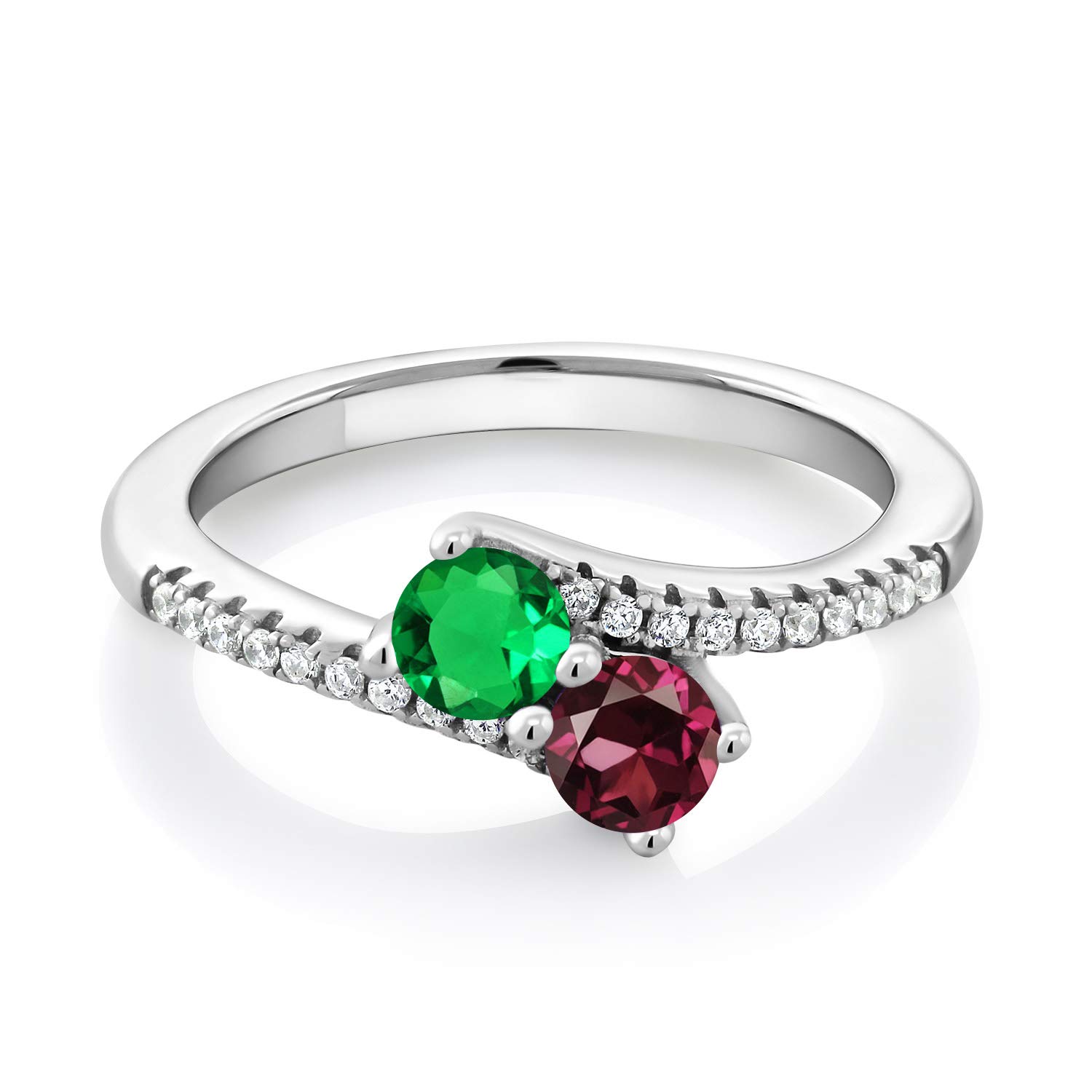 Gem Stone King 925 Sterling Silver Green Nano Emerald and Red Rhodolite Garnet Bypass Ring For Women (0.91 Cttw, Gemstone May Birthstone, Round 4MM, Available In Size 5, 6, 7, 8, 9)