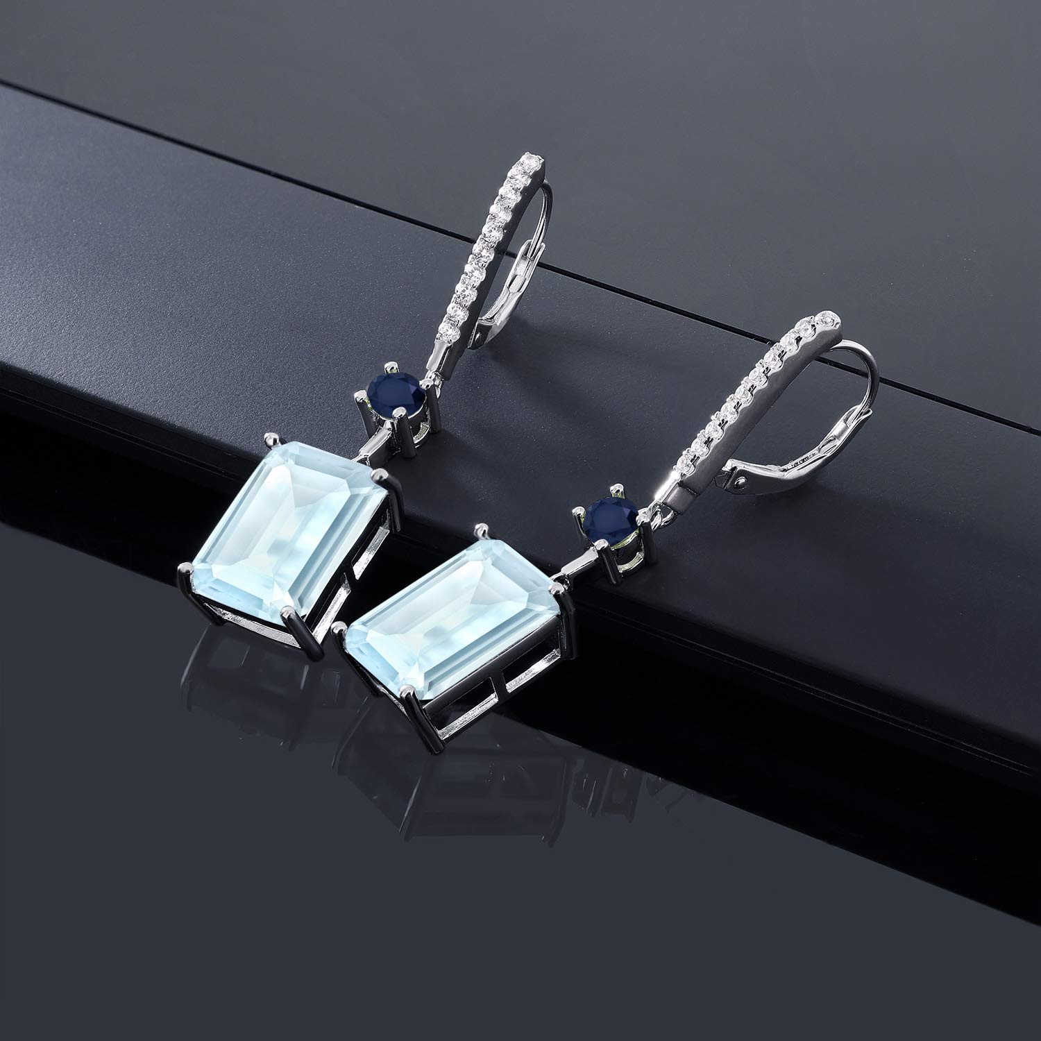 Gem Stone King 17.60 Ct Octagon Checkerboard Sky Blue Topaz Blue Sapphire 925 Silver Dangle Earrings