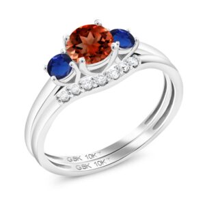 10K White Gold Red Garnet and Blue Created Sapphire and White Lab Grown Diamond 3-Stone Bridal Engagement Wedding Ring Set For Women (0.88 Cttw, Gemstone January Birthstone, Round 5MM, Size 5)