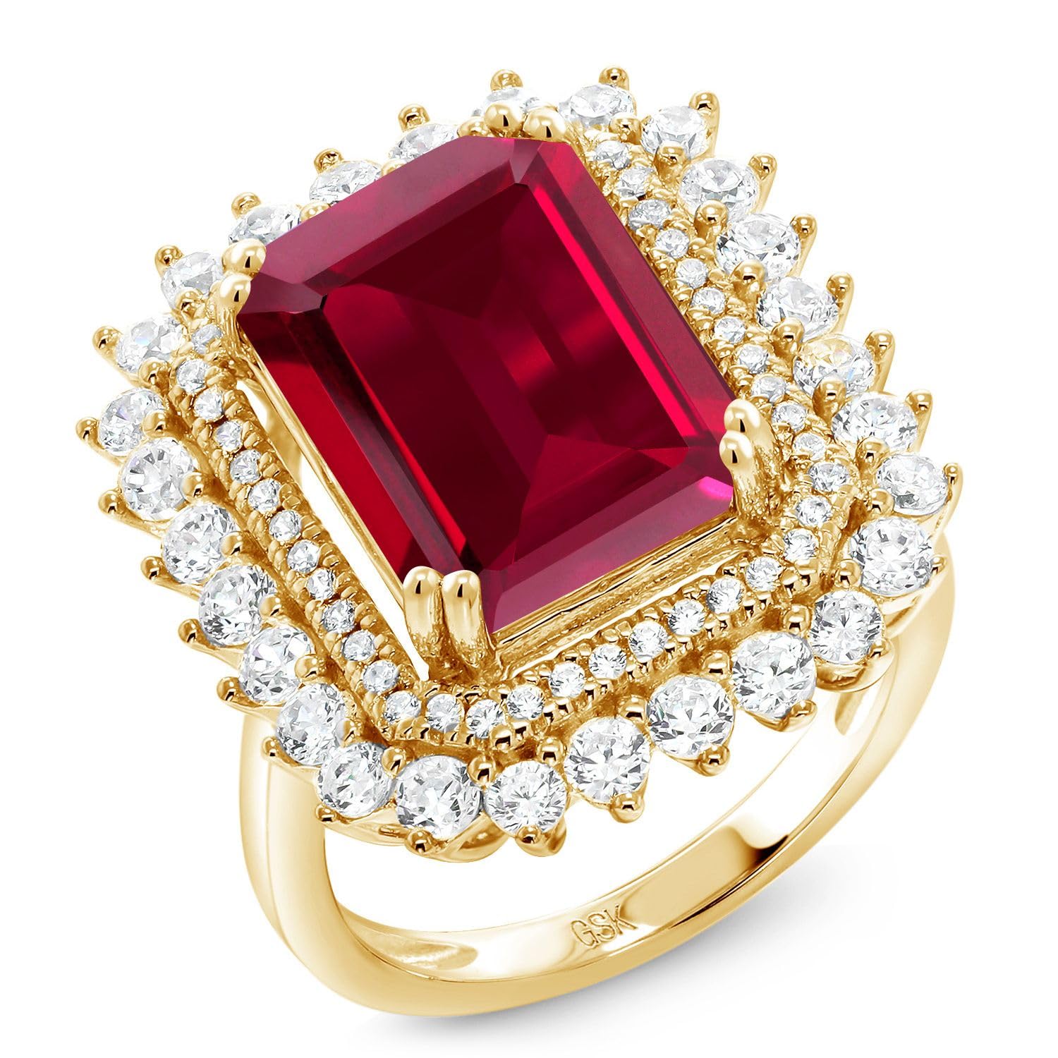 Gem Stone King 18K Yellow Gold Plated Silver Red Created Ruby Ring For Women (5.60 Cttw, Emerald Cut 14X10MM, Available In Size 5, 6, 7, 8, 9)