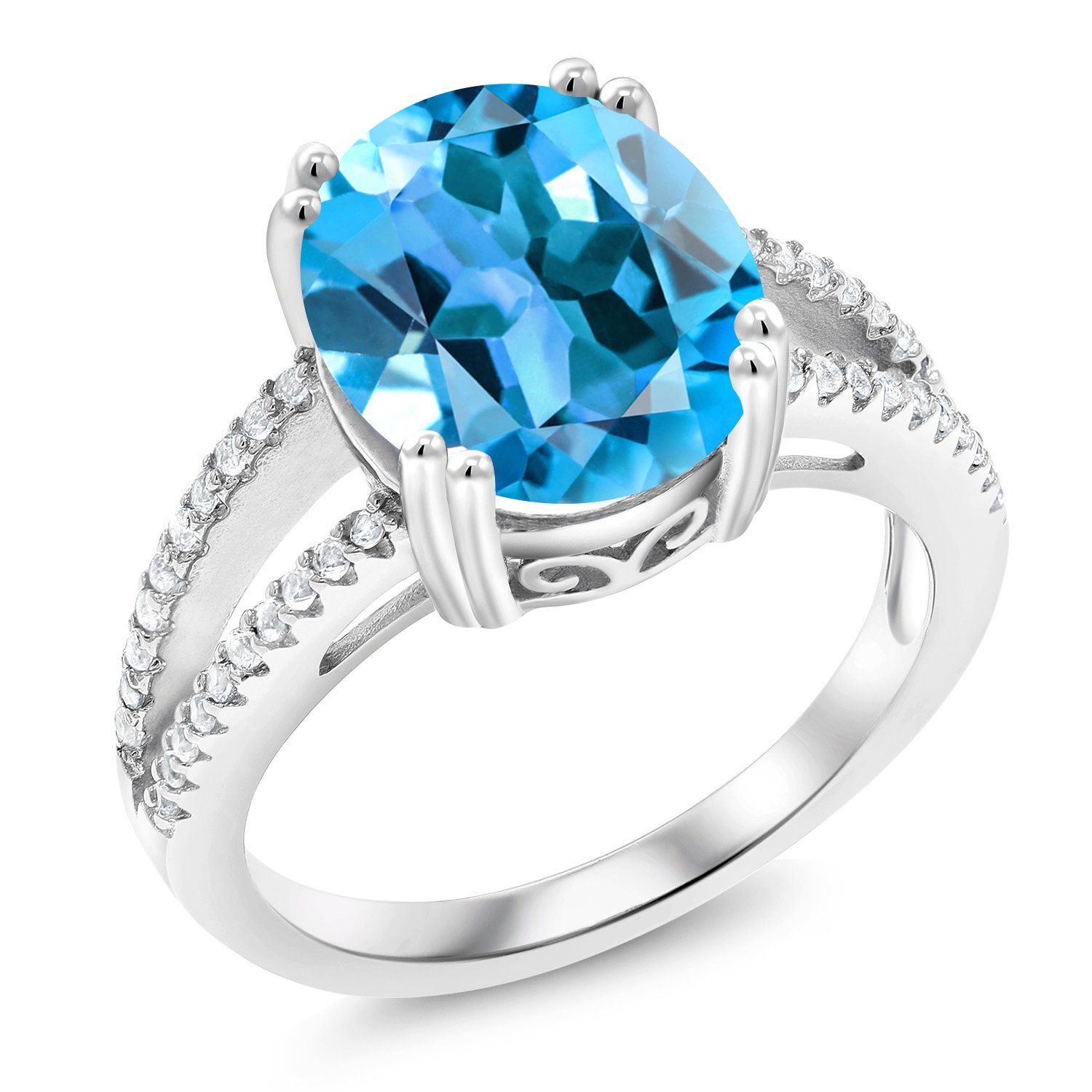 Gem Stone King 925 Sterling Silver Swiss Blue Topaz Ring For Women (5.48 Cttw, Oval 12X10MM, Gemstone November Birthstone, Available In Size 5, 6, 7, 8, 9)