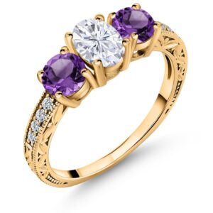 18K Yellow Gold Plated Silver 3-Stone Ring Forever Brilliant Oval 1.97cttw Moissanite by Charles & Colvard and Amethyst (Size 7)