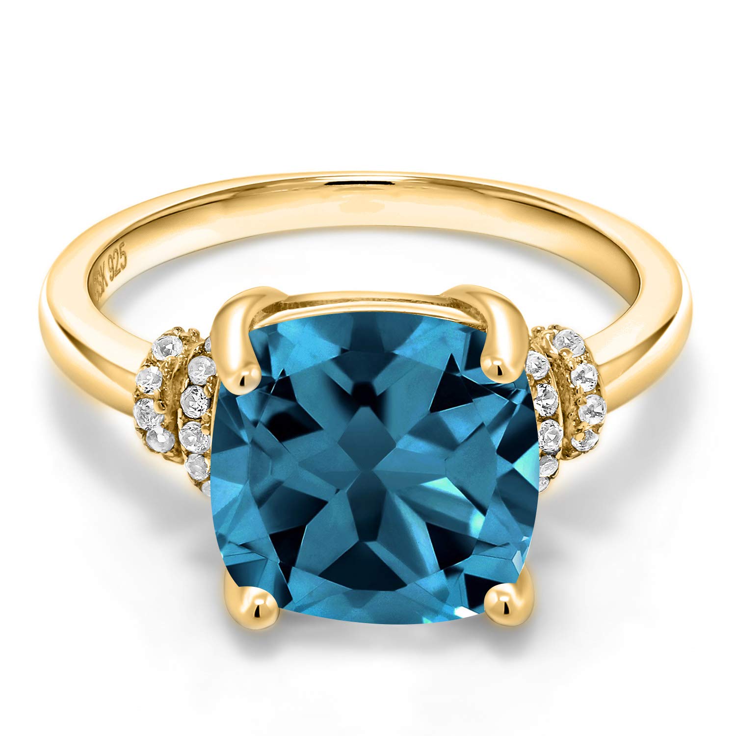 Gem Stone King 18K Yellow Gold Plated Silver London Blue Topaz Ring For Women (5.49 Cttw, Cushion 10MM, Gemstone Birthstone, Available In Size 5, 6, 7, 8, 9)