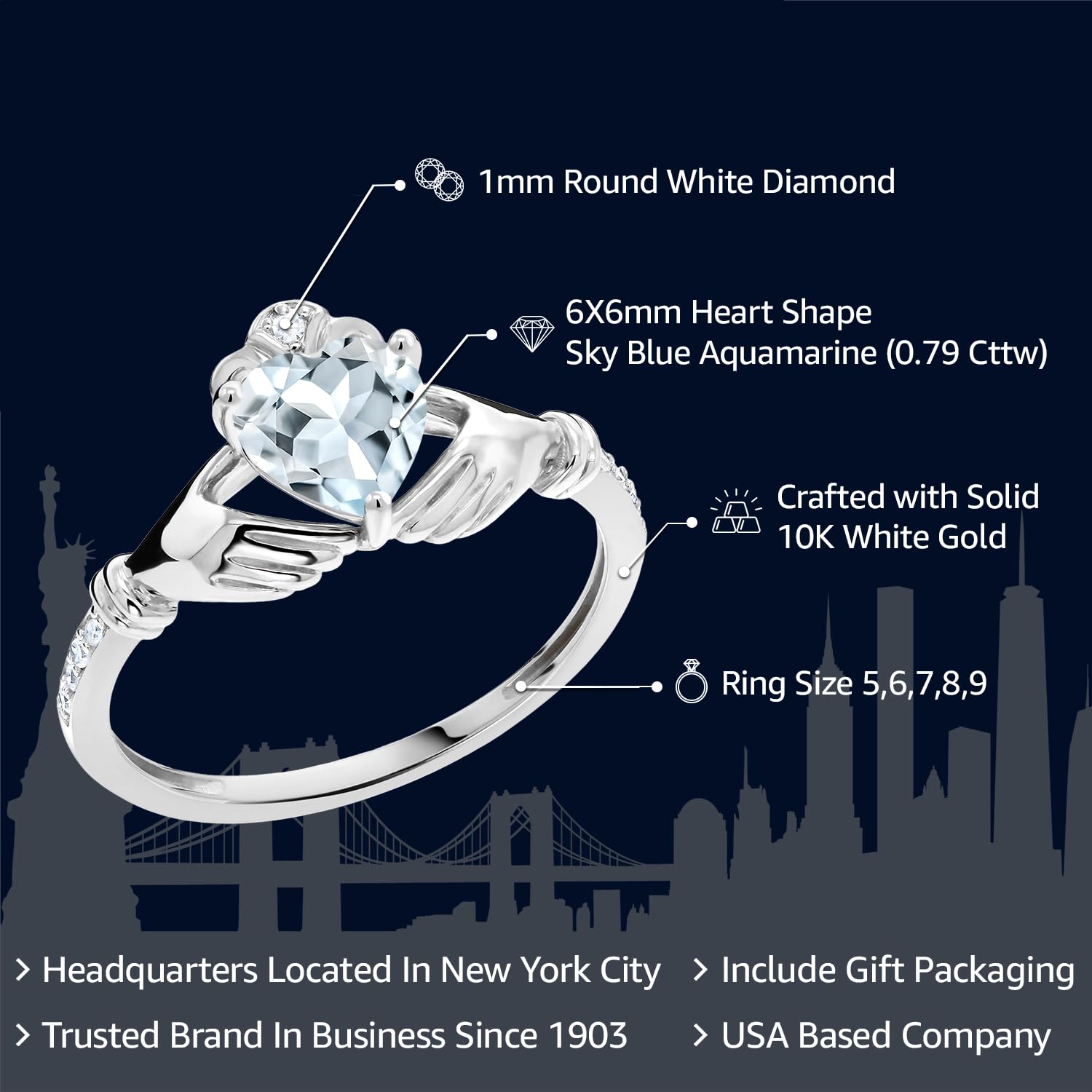 Gem Stone King 10K White Gold Sky Blue Aquamarine and White Diamond Irish Celtic Claddagh Ring For Women | 0.79 Cttw | Heart Shape 6MM | Gemstone Birthstone, Available In Size 5, 6, 7, 8, 9