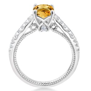 Gem Stone King 925 Sterling Silver Yellow Citrine and White Created Sapphire Engagement Ring For Women (1.20 Cttw, Cushion 6MM, Gemstone November Birthstone, Available In Size 5, 6, 7, 8, 9)