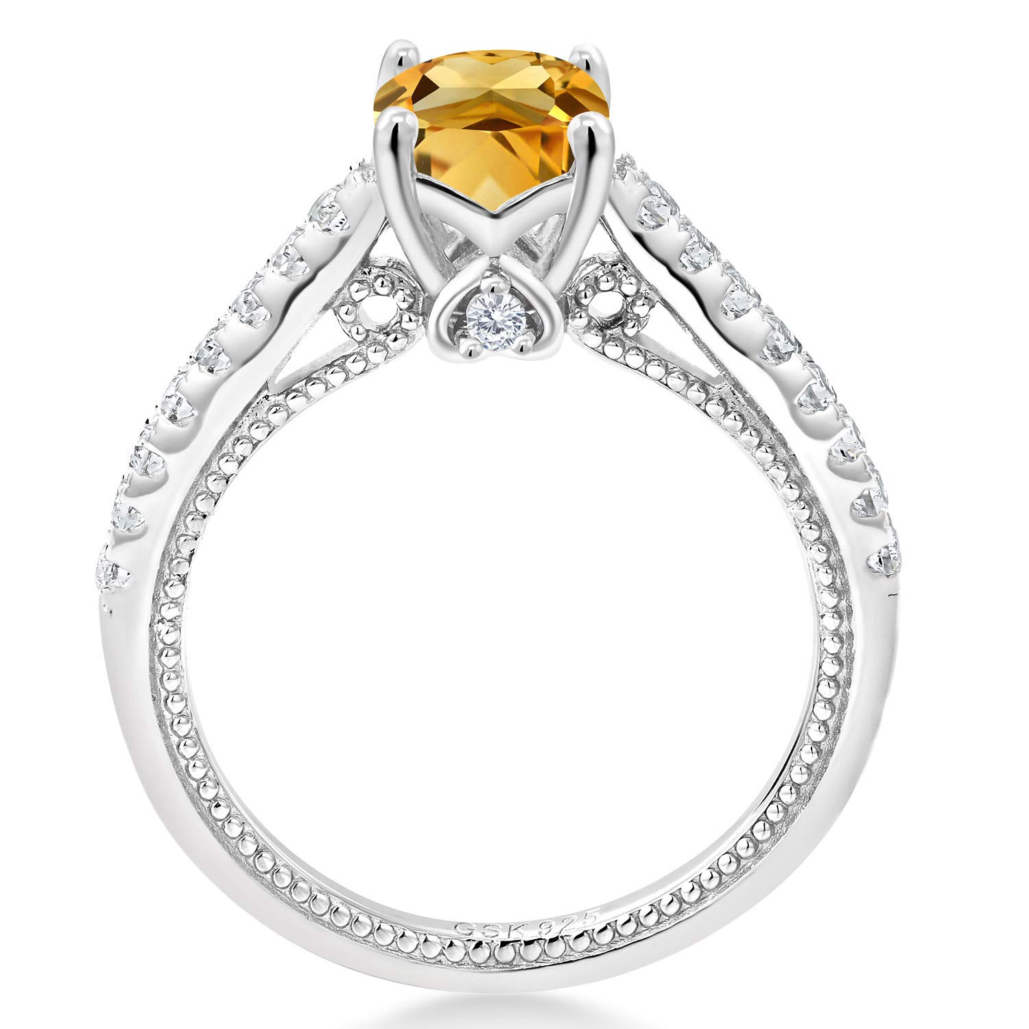 Gem Stone King 925 Sterling Silver Yellow Citrine and White Created Sapphire Engagement Ring For Women (1.20 Cttw, Cushion 6MM, Gemstone November Birthstone, Available In Size 5, 6, 7, 8, 9)