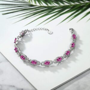 Gem Stone King 925 Sterling Silver Oval Pink Created Sapphire Tennis Bracelet For Women (9.10 Cttw, 7 Inch with 1 Inch Extender)