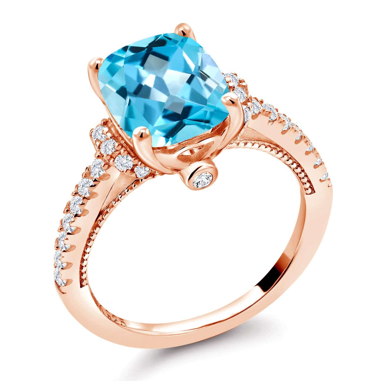 Gem Stone King 18K Rose Gold Plated Silver Swiss Blue Topaz and White Created Sapphire Ring For Women (4.00 Cttw, Gemstone Birthstone, Available In Size 5, 6, 7, 8, 9)