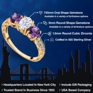 18K Yellow Gold Plated Silver 3-Stone Ring Forever Brilliant Oval 1.97cttw Moissanite by Charles & Colvard and Amethyst (Size 7)