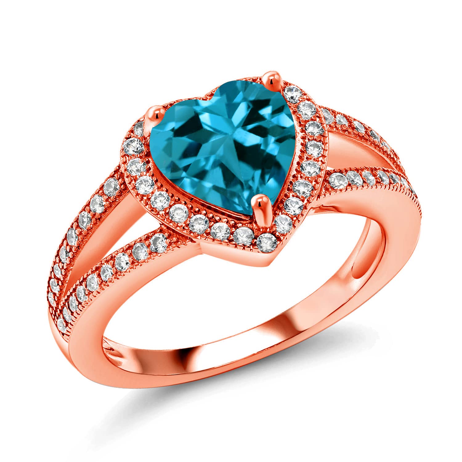 Gem Stone King 18K Rose Gold Plated Silver London Blue Topaz and White Moissanite Ring For Women (2.86 Cttw, Gemstone November Birthstone, Heart Shape 8MM, Available In Size 5,6,7,8,9)