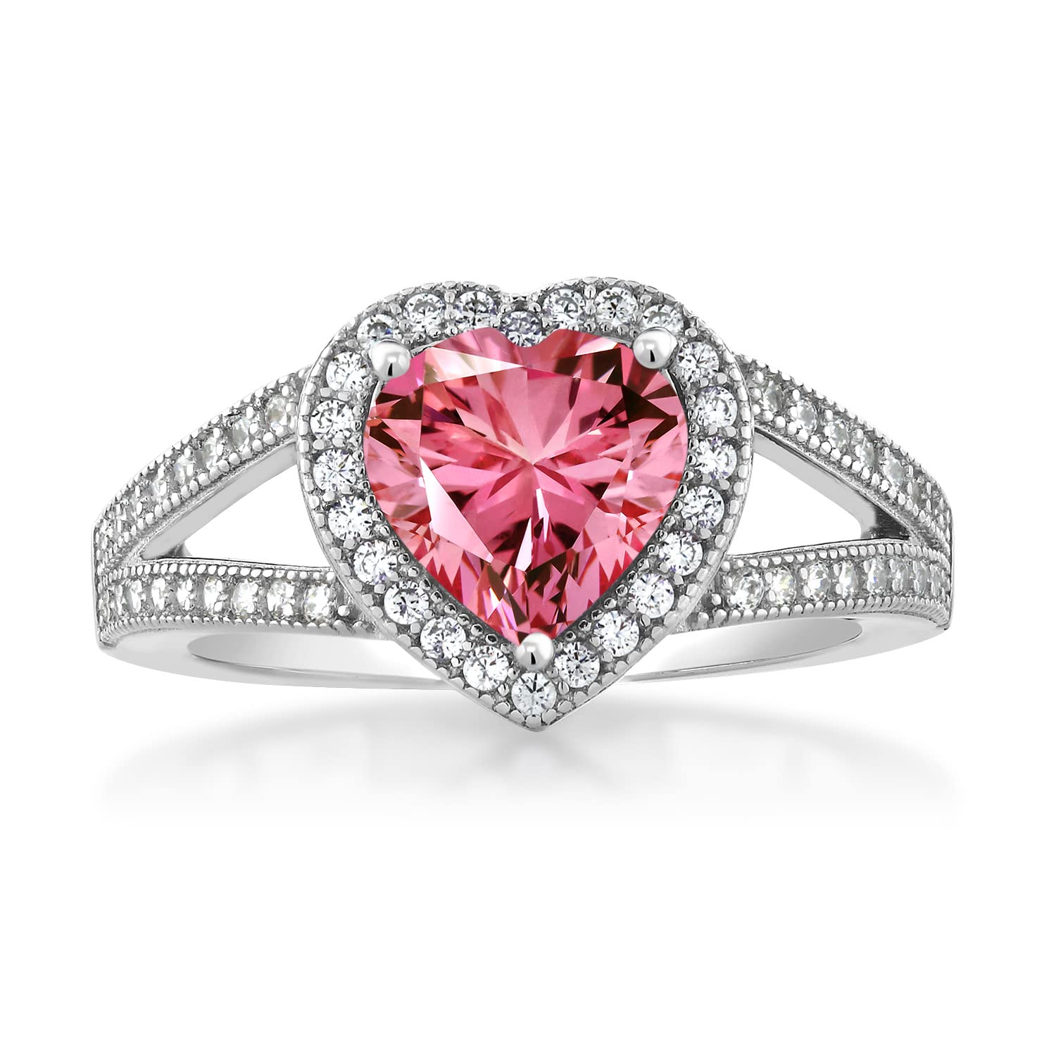 Gem Stone King 925 Sterling Silver Pink Zirconia and White Moissanite Ring For Women (1.21 Cttw, Gemstone Birthstone, Heart Shape 8MM, Available In Size 5,6,7,8,9)