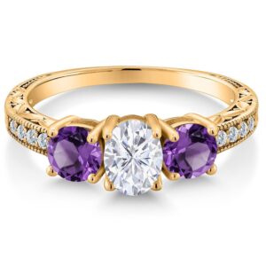 18K Yellow Gold Plated Silver 3-Stone Ring Forever Brilliant Oval 1.97cttw Moissanite by Charles & Colvard and Amethyst (Size 7)