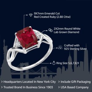 Gem Stone King 925 Sterling Silver Red Created Ruby and White Lab Grown Diamond Ring For Women (2.88 Cttw, Available in size 5, 6, 7, 8, 9)