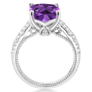 Gem Stone King 925 Sterling Silver Cushion Purple Amethyst and White Created Sapphire Engagement Ring For Women (3.27 Cttw, Available in size 5, 6, 7, 8, 9)