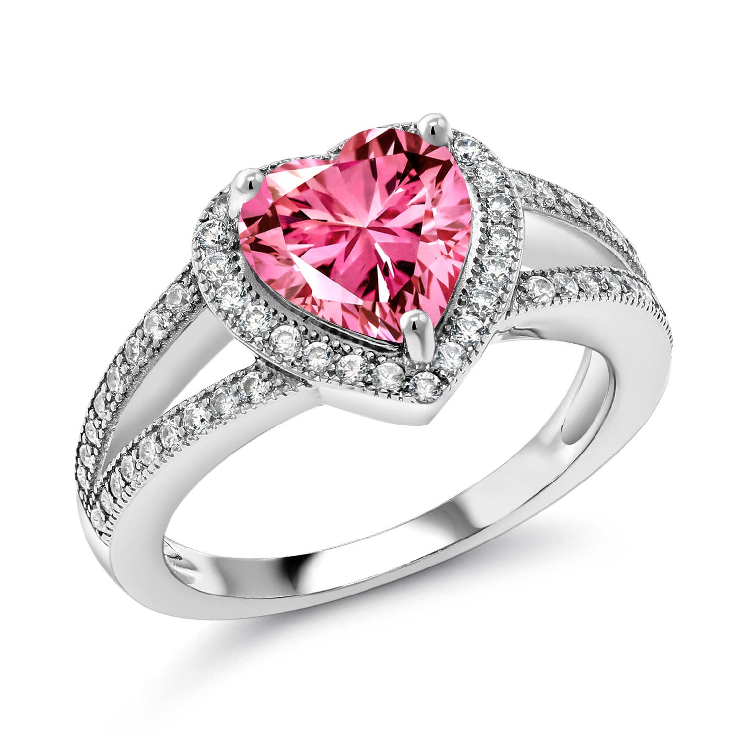 Gem Stone King 925 Sterling Silver Pink Zirconia and White Moissanite Ring For Women (1.21 Cttw, Gemstone Birthstone, Heart Shape 8MM, Available In Size 5,6,7,8,9)