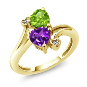 Gem Stone King 10K Yellow Gold Heart Shape Purple Amethyst Green Peridot and Diamond Accent Ring For Women | 1.51 Cttw | Heart 6MM | Gemstone Birthstone | Available In Size 5, 6, 7, 8, 9