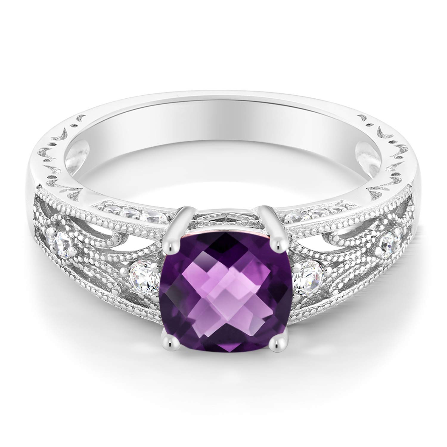 Gem Stone King 0.86 Ct Cushion Checkerboard Purple Amethyst 925 Sterling Silver Ring (Size 7)