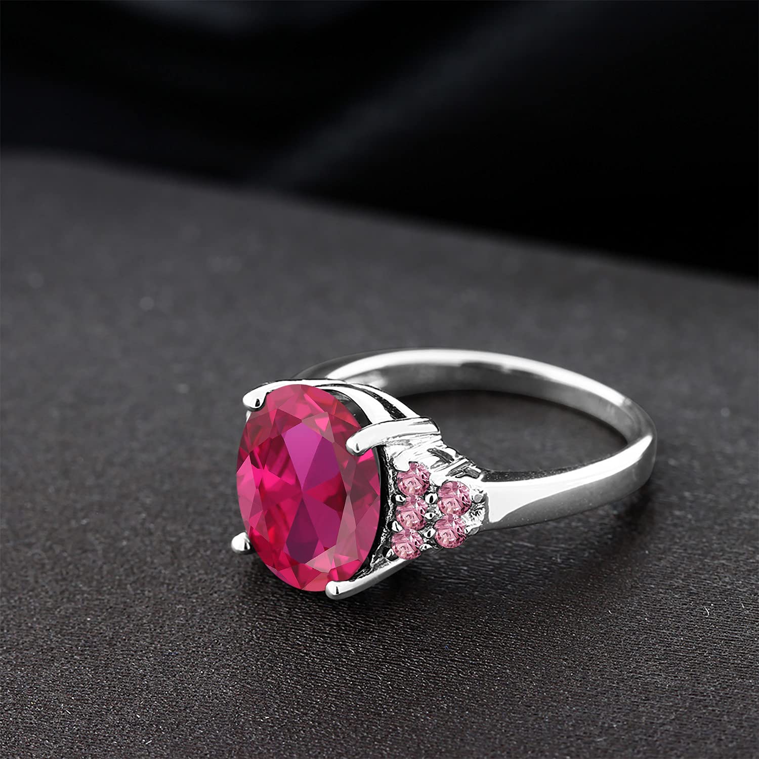 Gem Stone King 5.38 Ct Oval Red Created Ruby Pink Lab Grown Diamond 925 Sterling Silver Ring (Size 7)