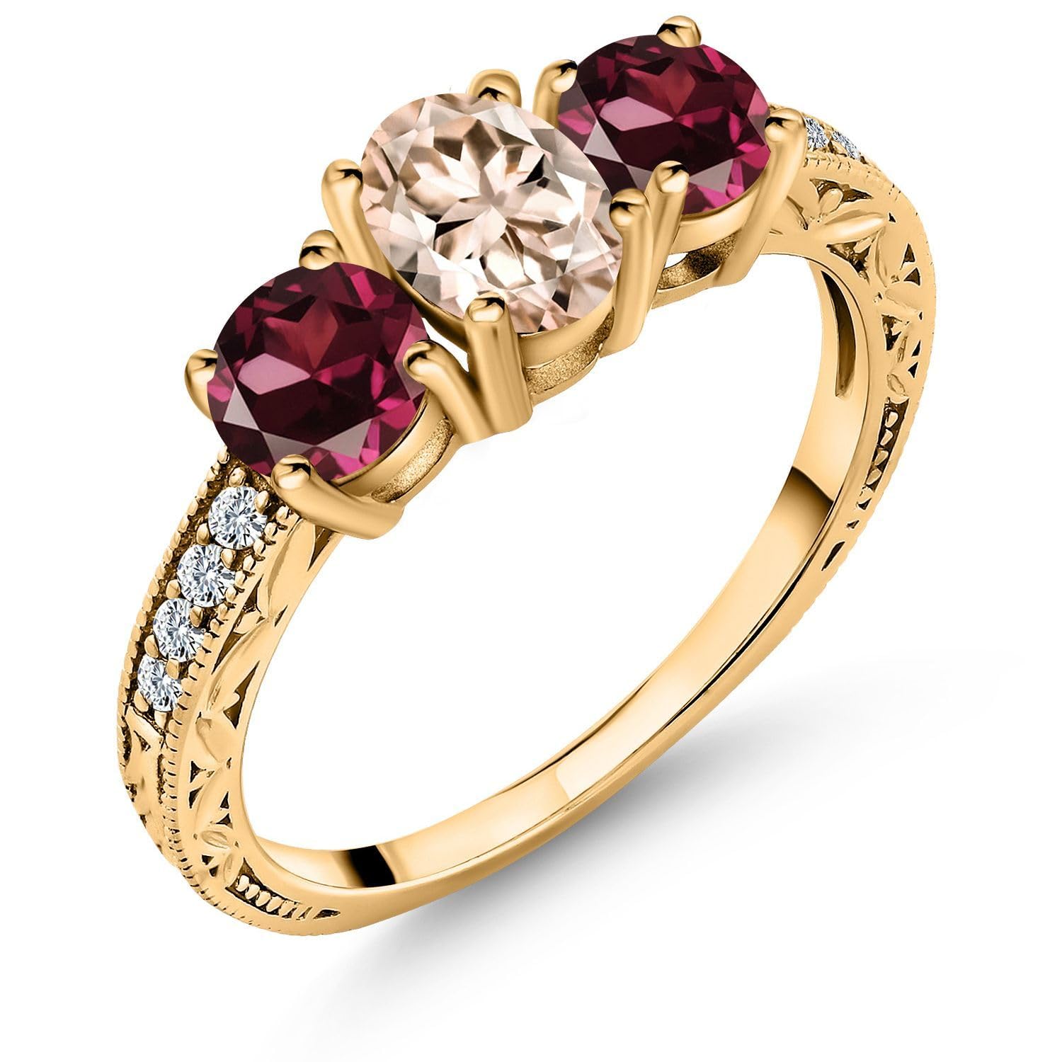 Gem Stone King 1.97 Ct Peach Morganite Red Rhodolite Garnet 18K Yellow Gold Plated Silver Ring (Size 9)