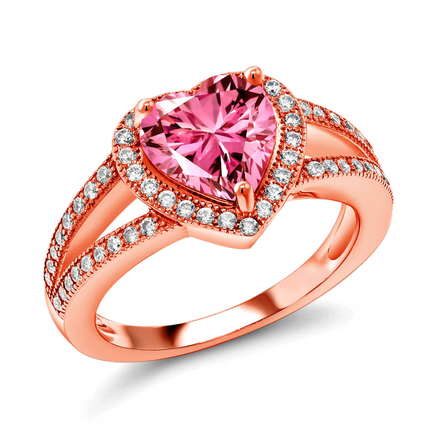 Gem Stone King 18K Rose Gold Plated Silver Pink Zirconia and White Moissanite Ring For Women (1.21 Cttw, Gemstone Birthstone, Heart Shape 8MM, Available In Size 5,6,7,8,9)