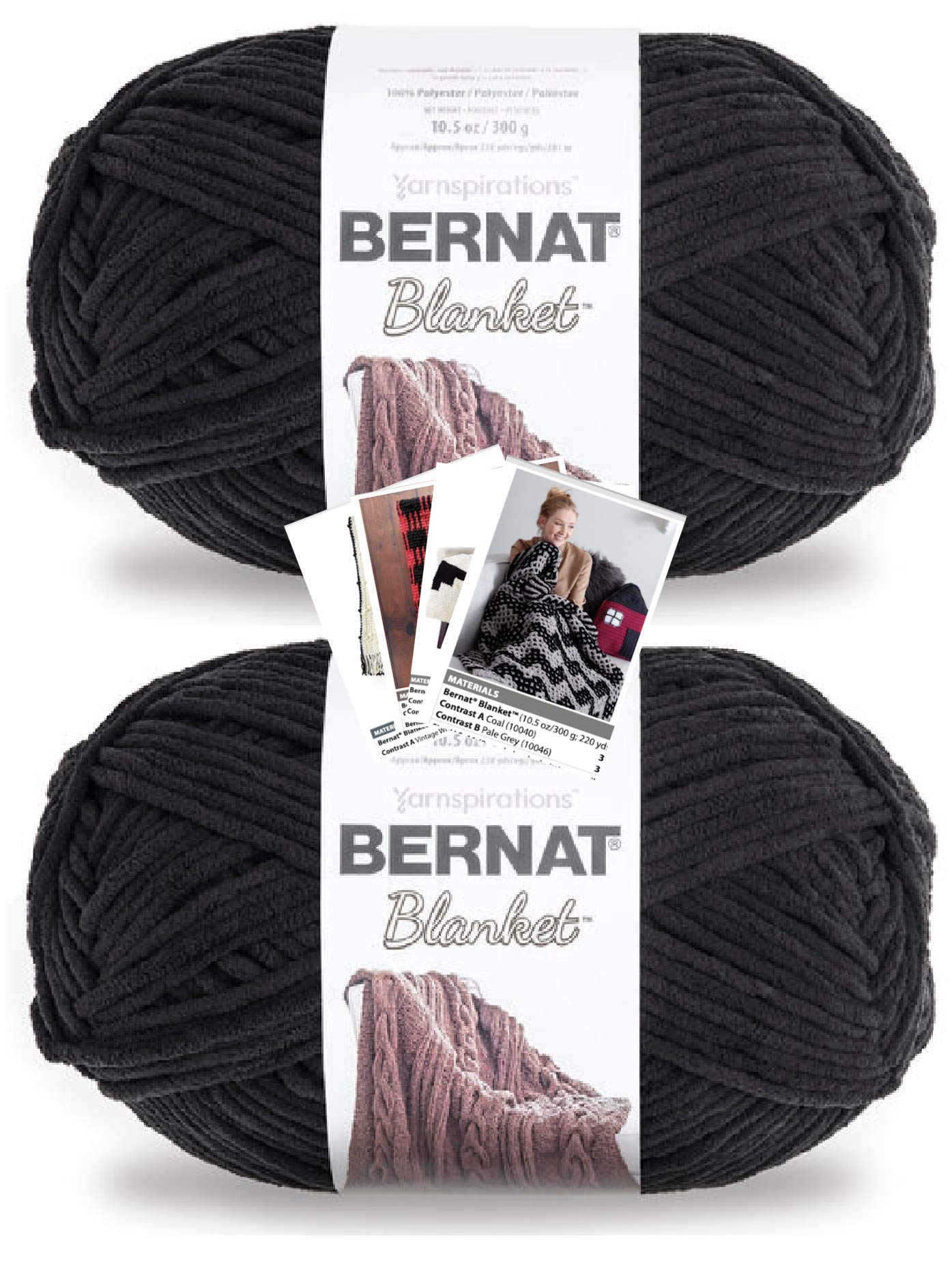 Bernat Blanket Yarn - Big Ball (10.5 oz) - 2 Pack with Pattern Cards in Color (Coal)