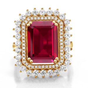 Gem Stone King 18K Yellow Gold Plated Silver Red Created Ruby Ring For Women (5.60 Cttw, Emerald Cut 14X10MM, Available In Size 5, 6, 7, 8, 9)