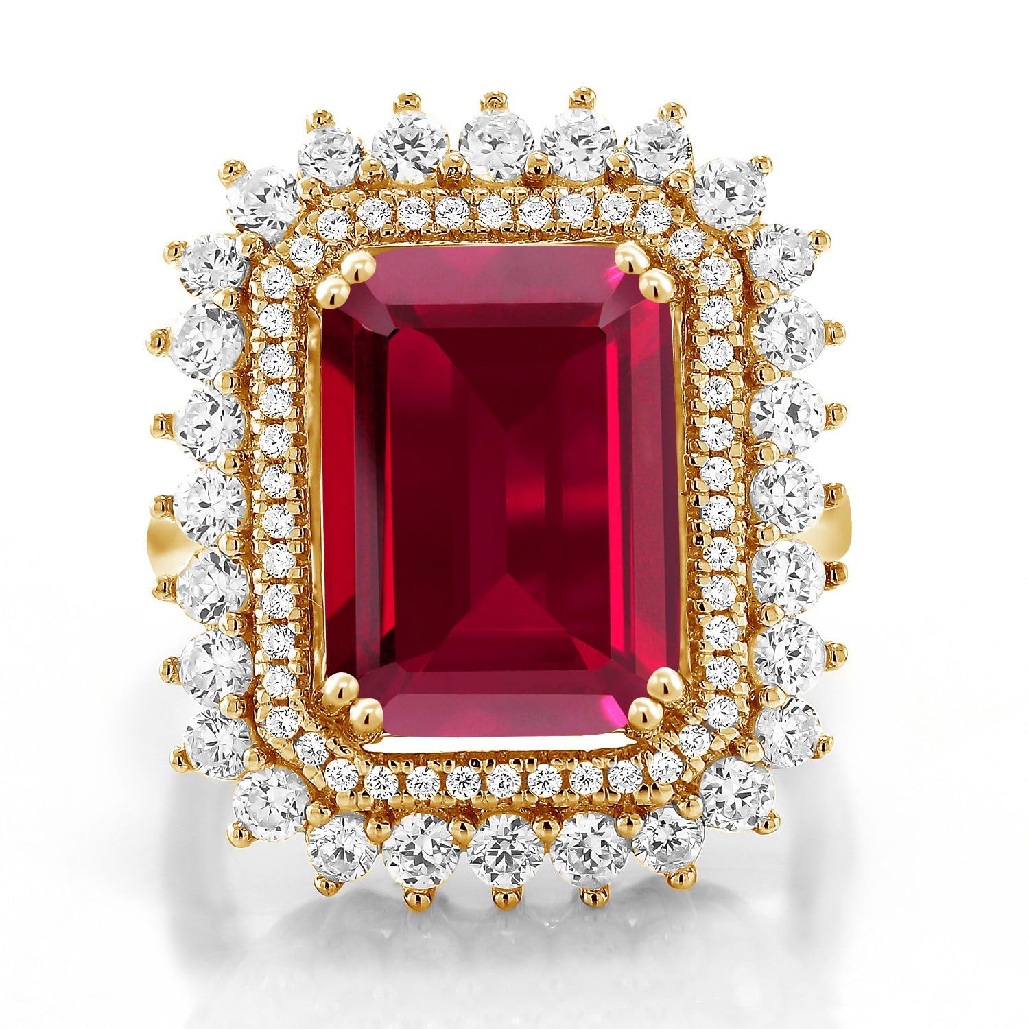 Gem Stone King 18K Yellow Gold Plated Silver Red Created Ruby Ring For Women (5.60 Cttw, Emerald Cut 14X10MM, Available In Size 5, 6, 7, 8, 9)