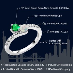 Gem Stone King 925 Sterling Silver Green Nano Emerald and White Opal Bypass Ring For Women (0.79 Cttw, Gemstone May Birthstone, Round 4MM, Available In Size 5, 6, 7, 8, 9)