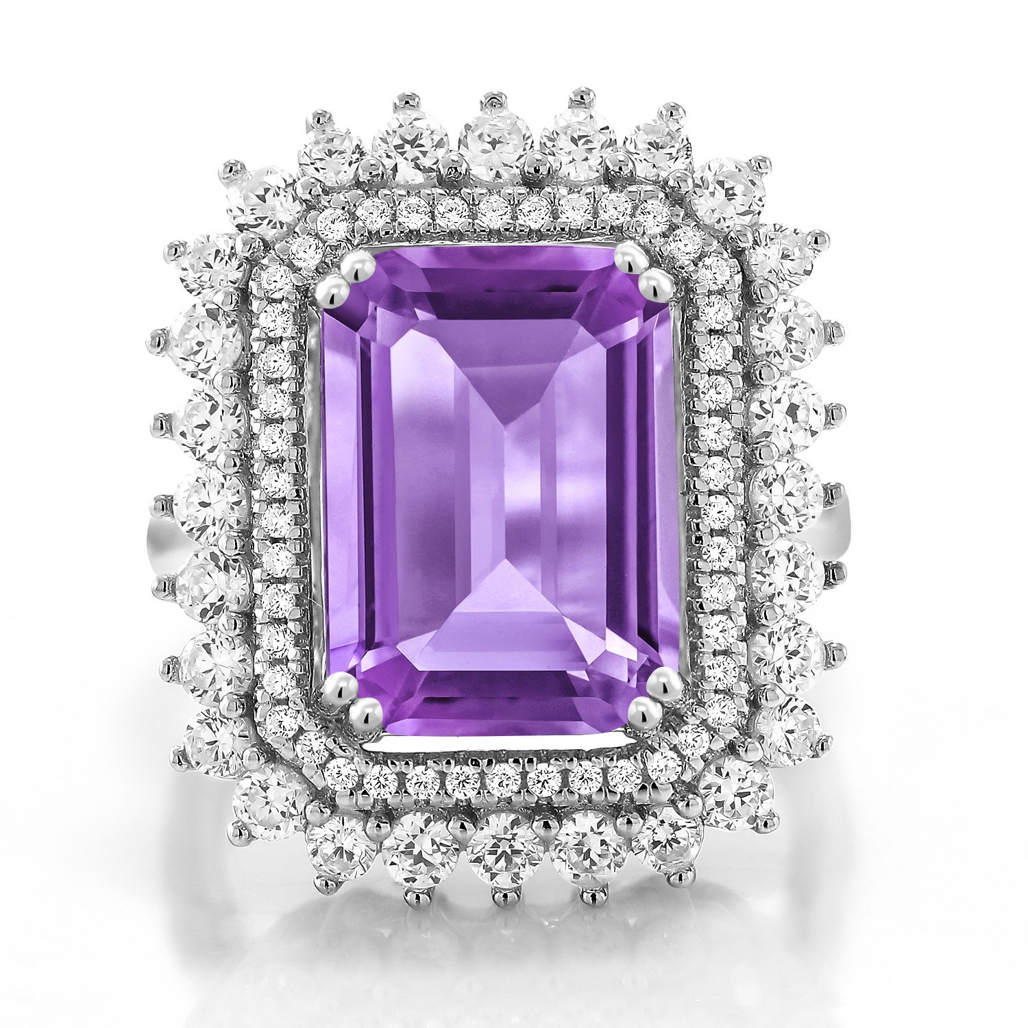 Gem Stone King 925 Sterling Silver Purple Amethyst Women Ring (7.60 Ct Emerald Cut 14X10MM) (Size 9)