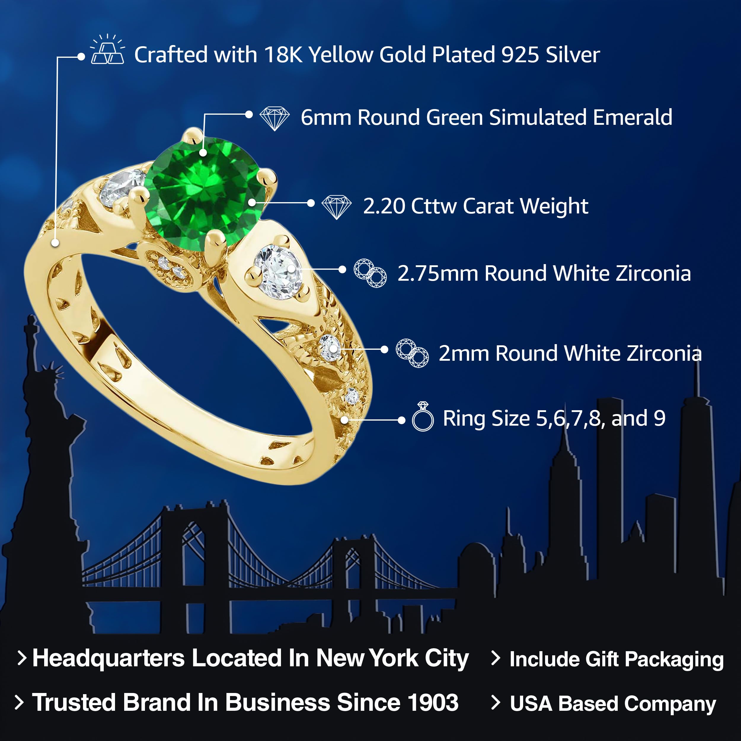 Gem Stone King 18K Yellow Gold Plated Silver Round 6MM Gemstone Birthstone Engagement Ring | Wedding Anniversary Promise Ring For Women | Available In Size 5, 6, 7, 8, 9