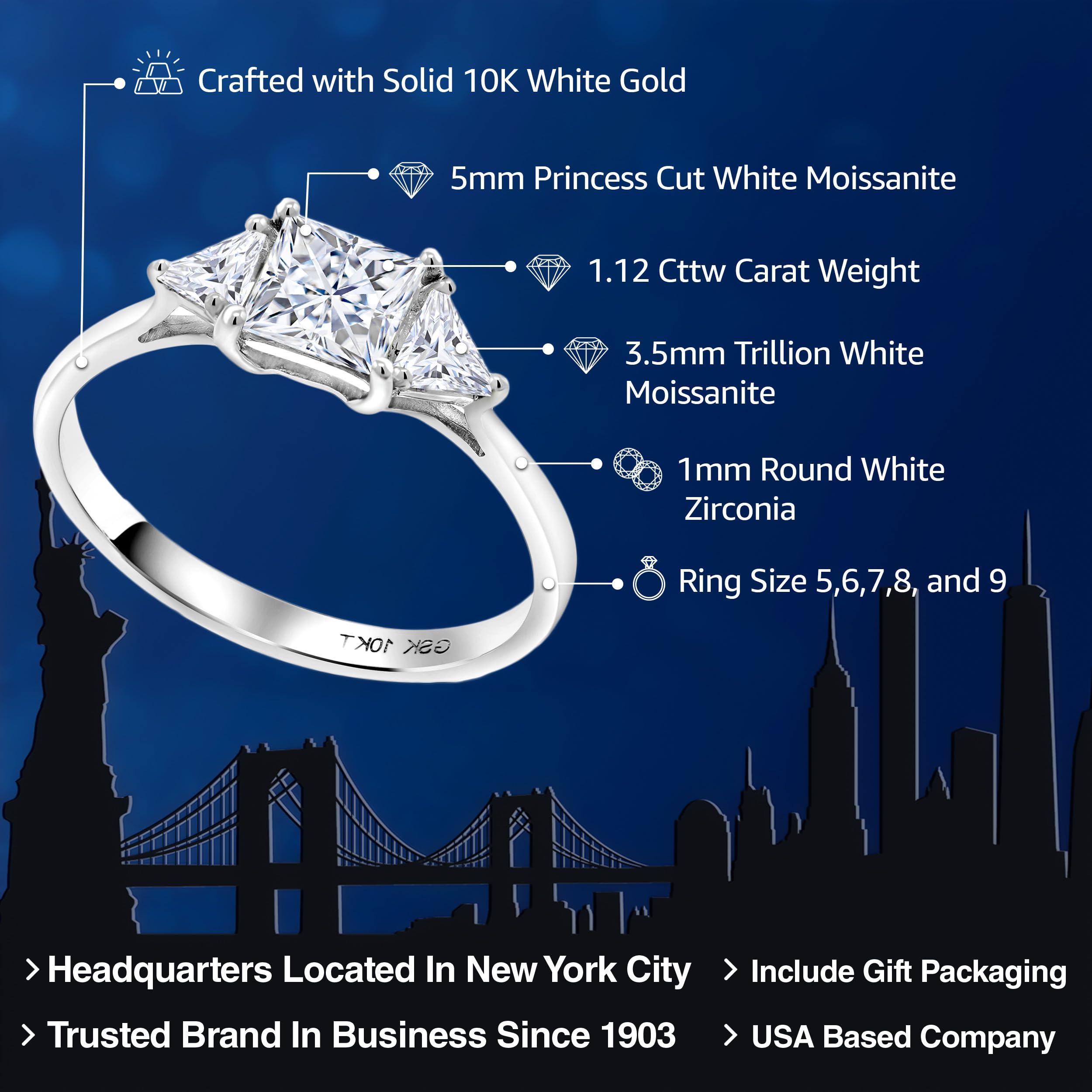 Gem Stone King 10K White Gold White Moissanite Engagement Ring | 1.12 Cttw | Princess Center 5MM | Trillion 3.5MM | 3 Stone Wedding Anniversary Promise Ring For Women (Size 7)