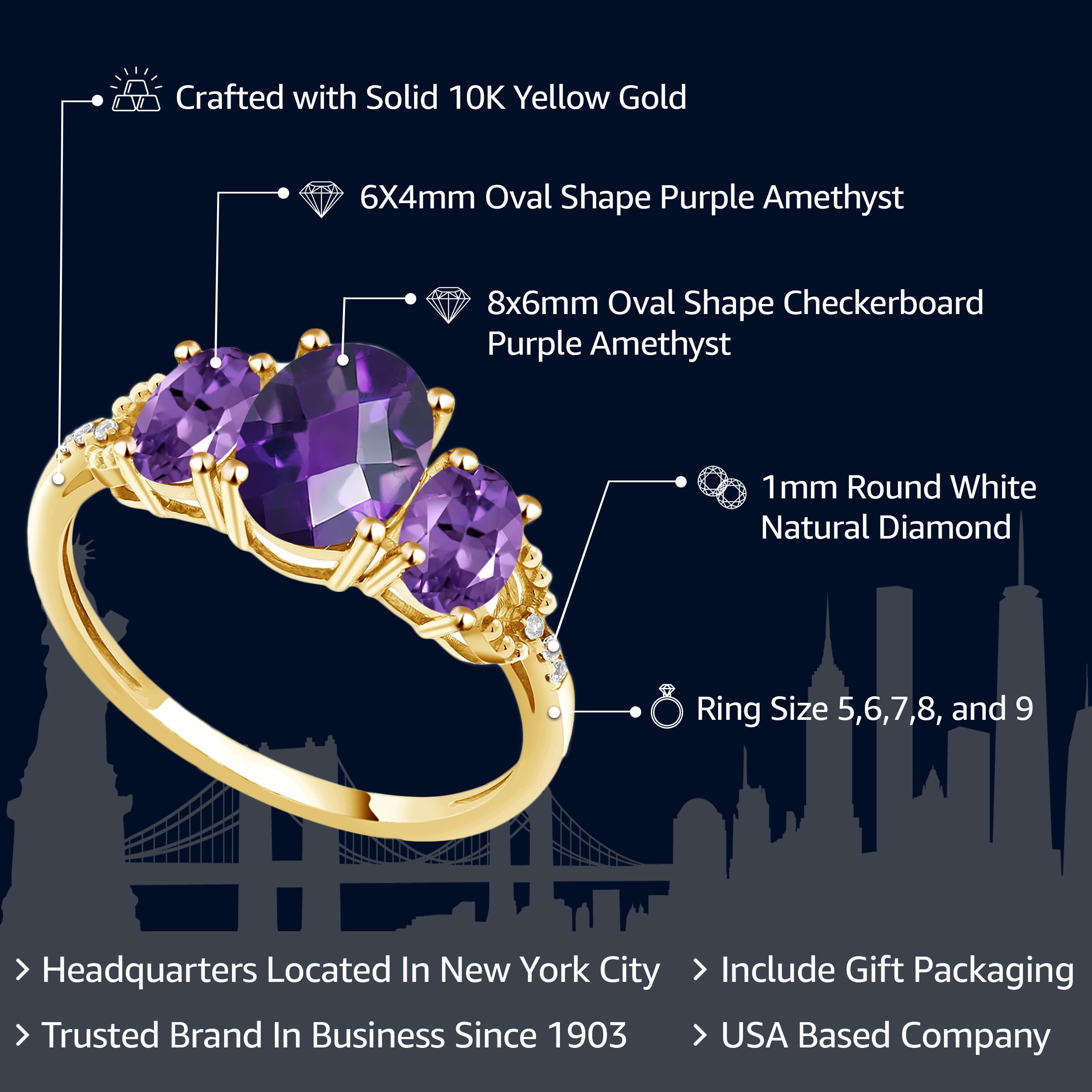 Gem Stone King 10K Yellow Gold Oval Checkerboard Purple Amethyst and Diamond Accent 3-Stone Engagement Ring | 2.14 Cttw | 3 Stone Wedding Anniversary Promise Ring For Women (Size 5)