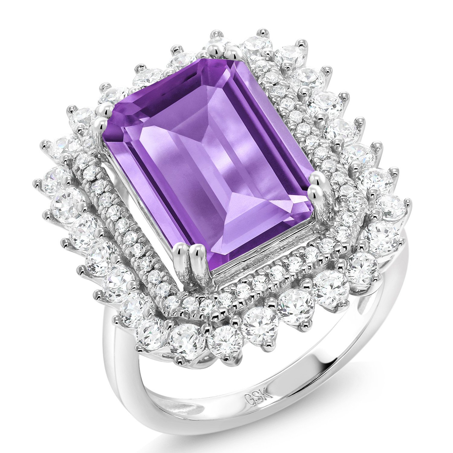 Gem Stone King 925 Sterling Silver Purple Amethyst Women Ring (7.60 Ct Emerald Cut 14X10MM) (Size 9)