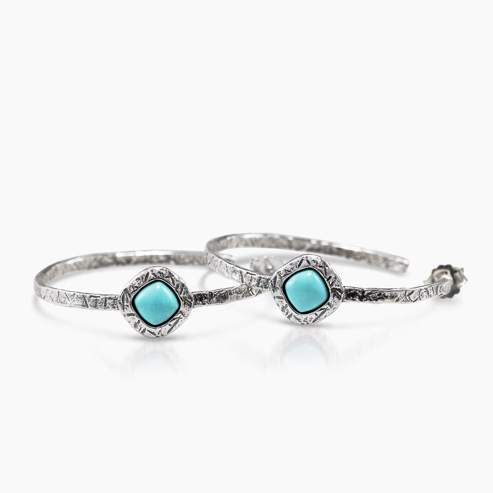 Joolala Silver Hoop Turquoise Earrings - 2 Carats Green Cabuchone Turquoise Cushion Cut Post and Nut Hoop Earrings for Women