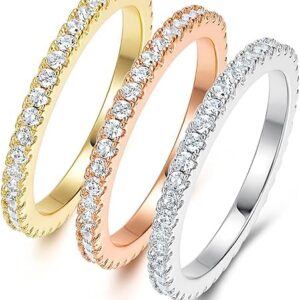 ORENTINI Tri-Color Gold Plated Cubic Zirconia Gemstone Stackable Promise Ring Eternity Band For Women 3 PC Set