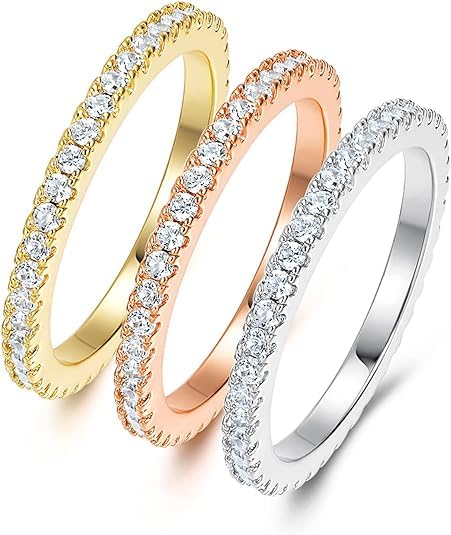 ORENTINI Tri-Color Gold Plated Cubic Zirconia Gemstone Stackable Promise Ring Eternity Band For Women 3 PC Set