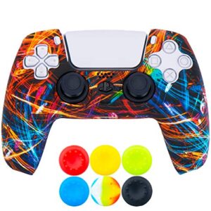 9CDeer 1 Piece of Silicone Transfer Print Protective Thick Cover Skin + 6 Thumb Grips for Playstation 5 / PS5 Controller Black Stream