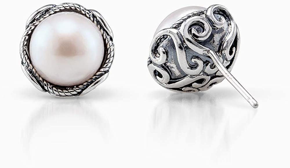 Joolala Circle of serenity – Fresh Water Cultured Round White Pearl in 925 Silver Post and Nut Stud Earrings for Women