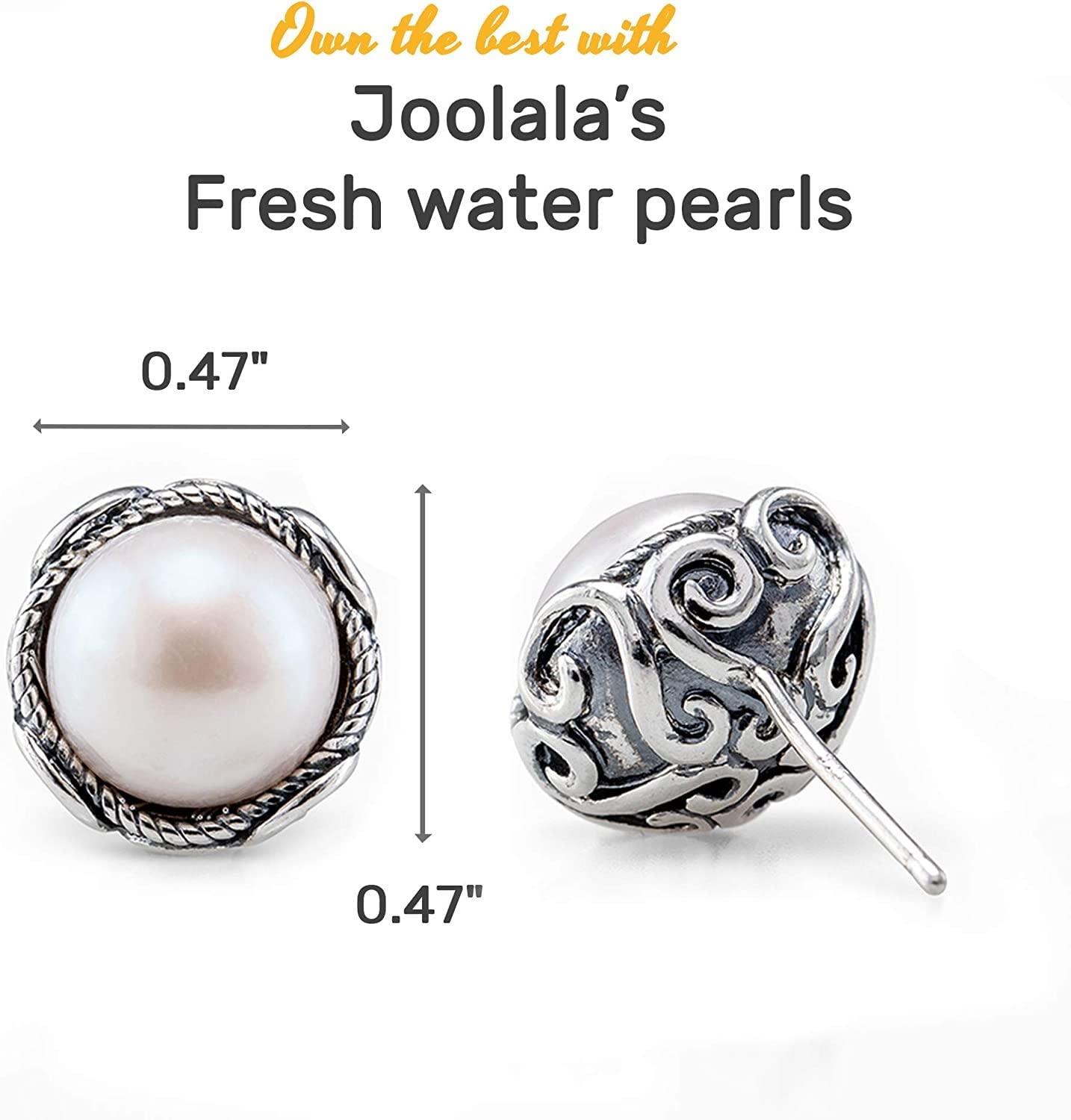 Joolala Circle of serenity – Fresh Water Cultured Round White Pearl in 925 Silver Post and Nut Stud Earrings for Women