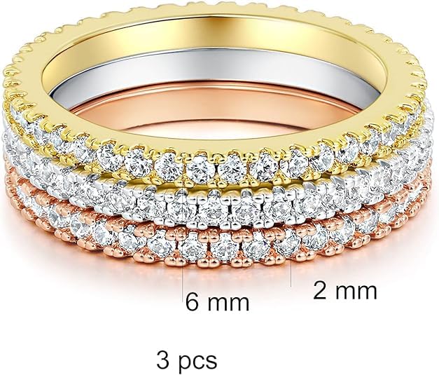 ORENTINI Tri-Color Gold Plated Cubic Zirconia Gemstone Stackable Promise Ring Eternity Band For Women 3 PC Set