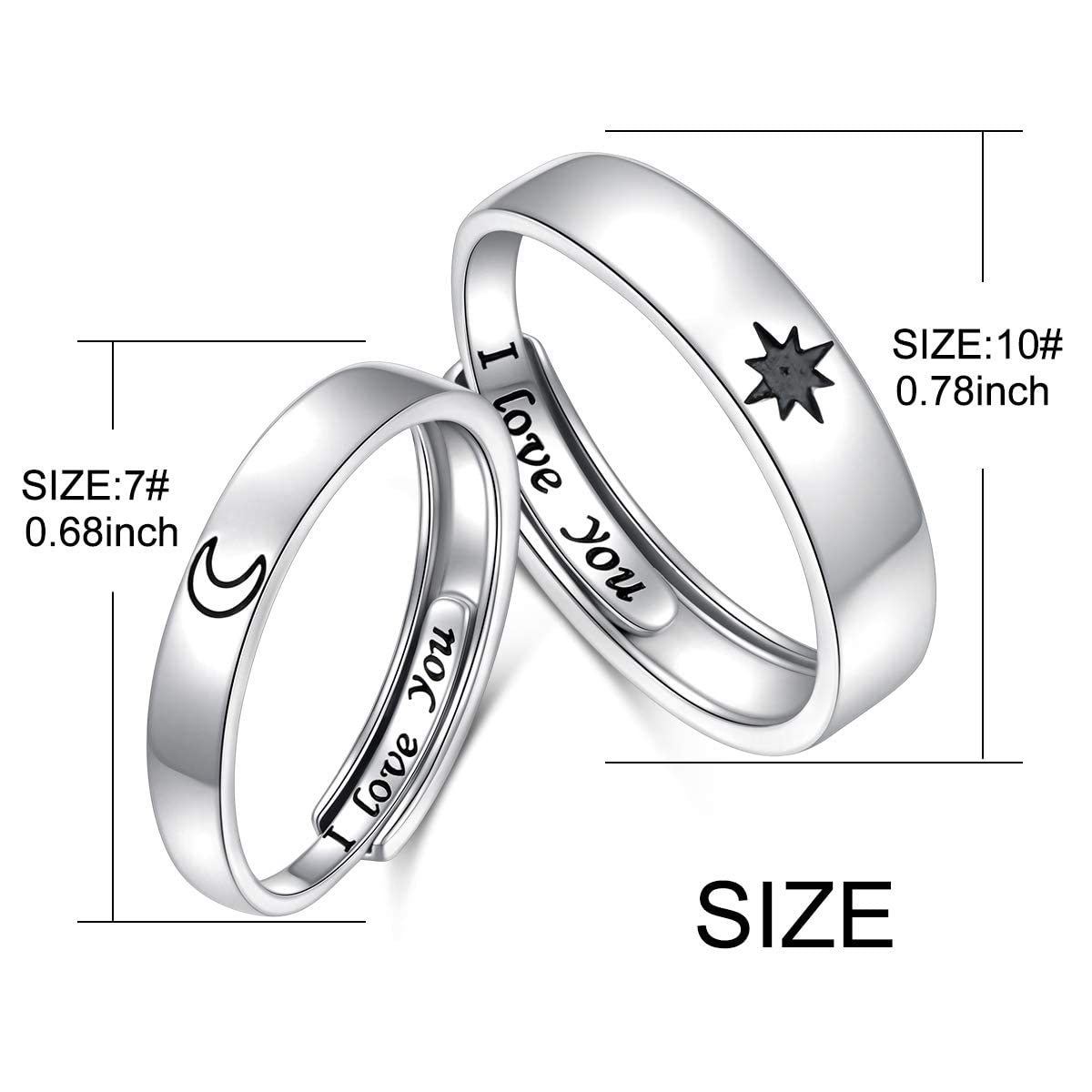 Ladytree 2PCS 925 Sterling Silver Adjustable Rings Couples Promise Engagement Rings for Him and Her Set Sun and Moon 2In1 I Love You Rings