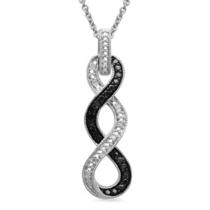 jewelili twist pendant necklace in sterling silver with natural white round and treated black diamonds 18" rolo chain